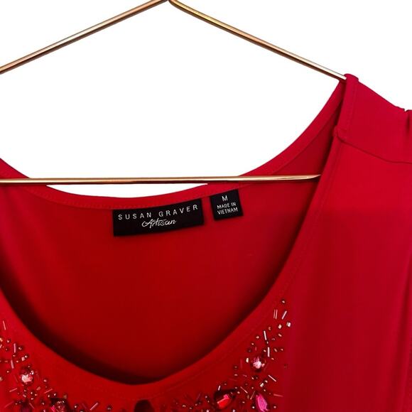 Susan Graver Knit Tank Top Women's Size medium Rhinestone pink V Neck sleeve - Picture 2 of 7